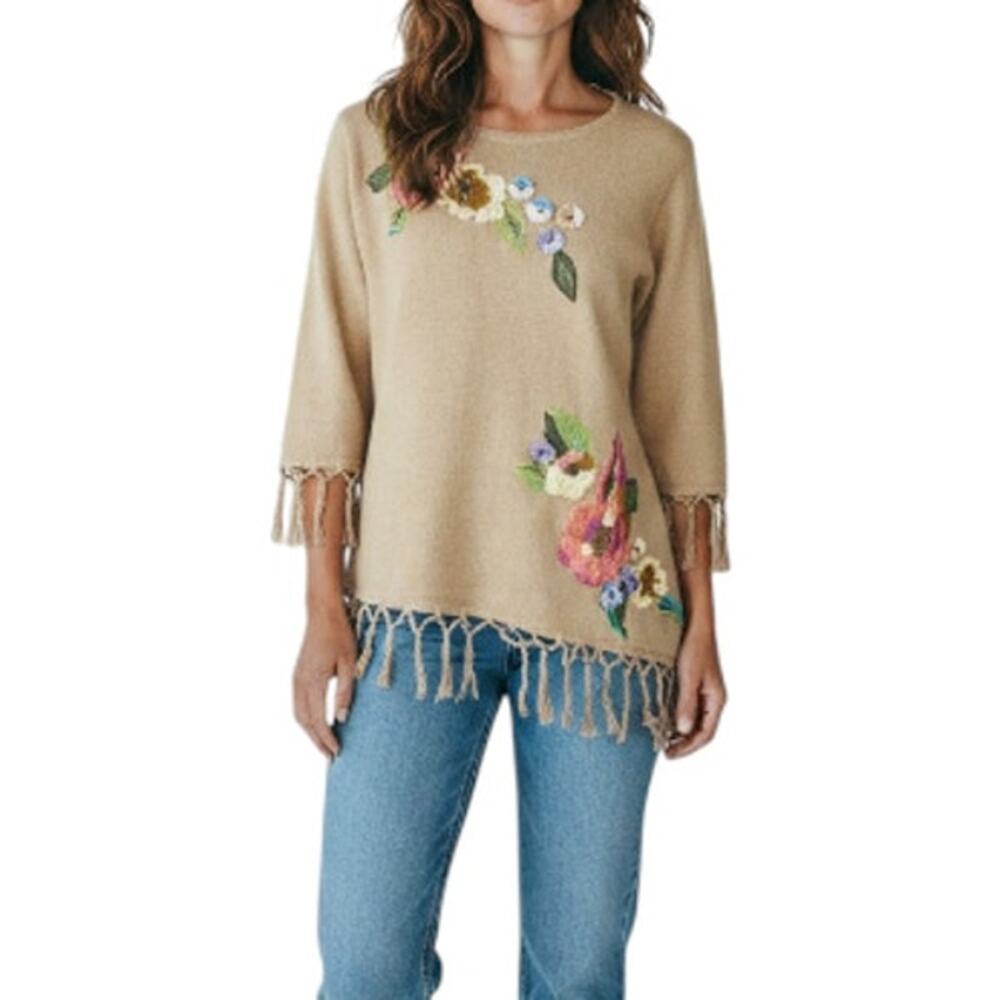STORYBOOK KNITS Patchwork Sweater Women S Asym Fringe Linen Cottage Boho Y2K